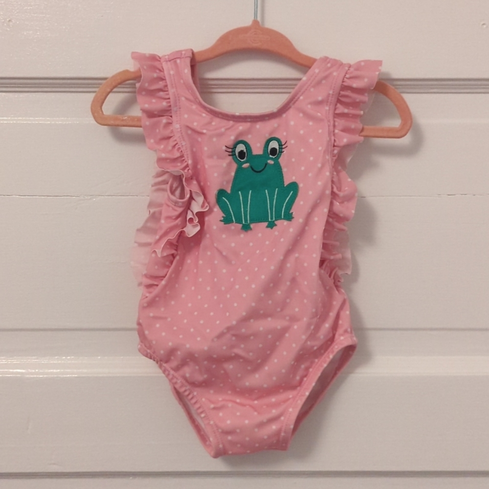 Gymboree baby size 6-12 months swimsuit | pink, white polka dots, green frog